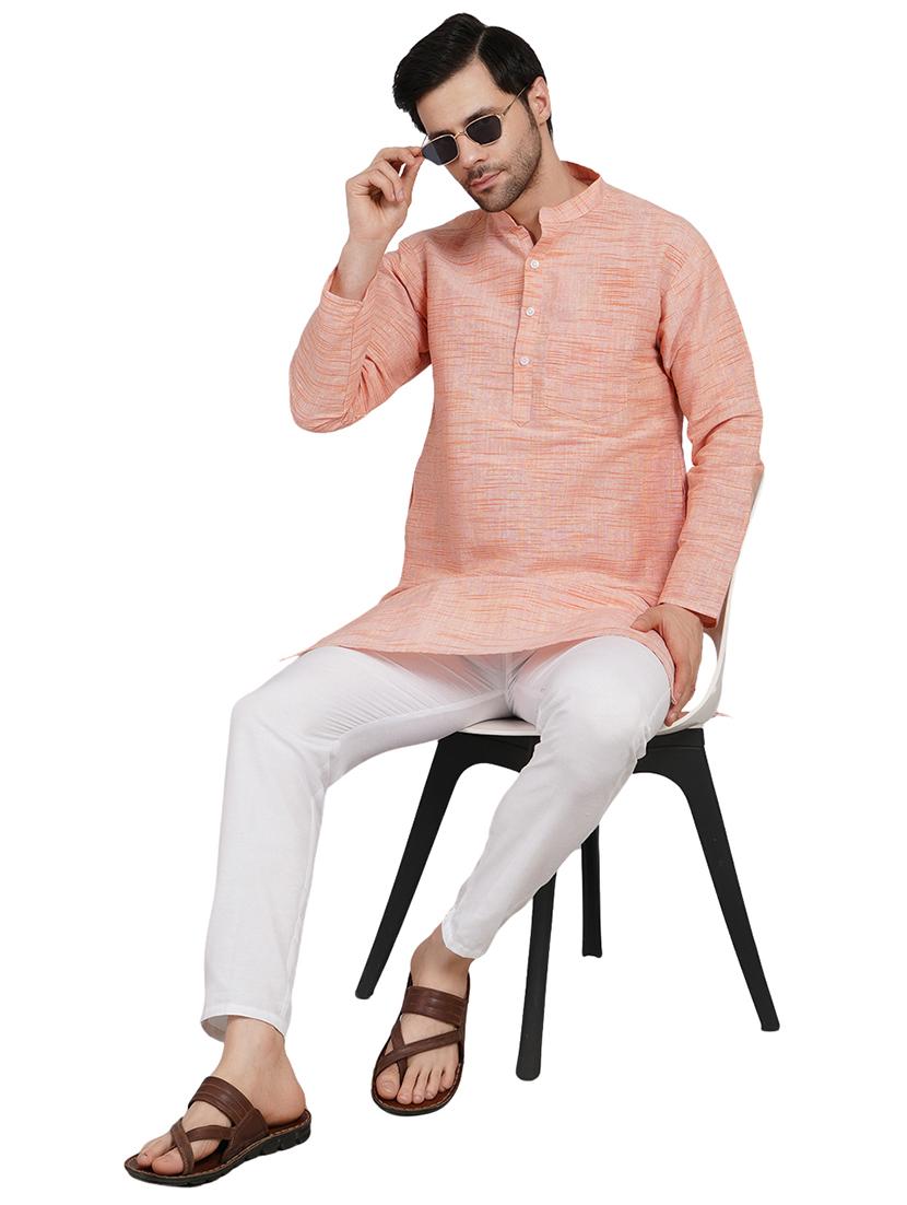 men melange mandarin neck long kurta 