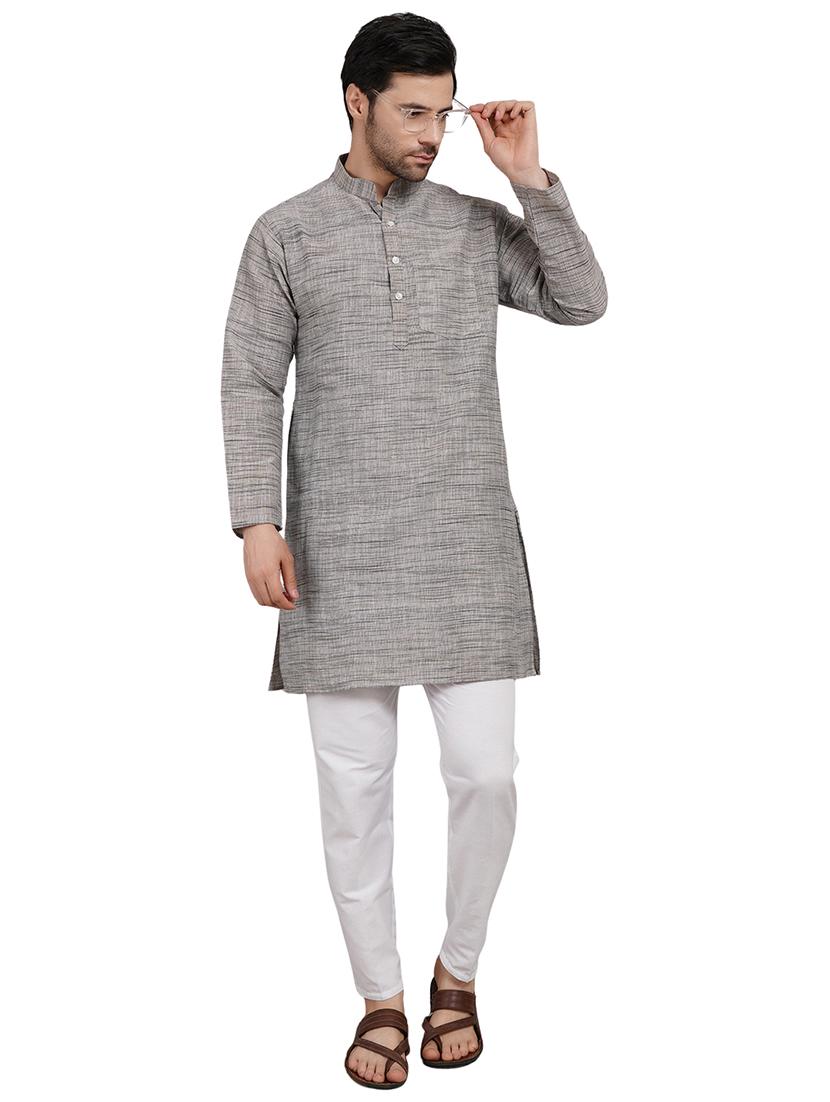 men melange mandarin neck long kurta 