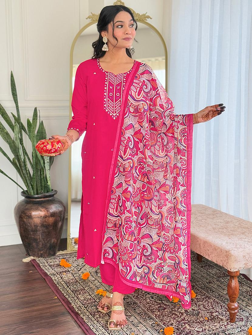 women solid with work three quarter sleeve kurta pant with dupatta set - 21989875 - Zoom Image - 0