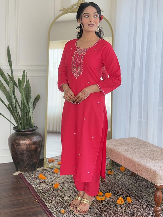 women solid with work three quarter sleeve kurta pant with dupatta set - 21989875 - Standard Image - 3