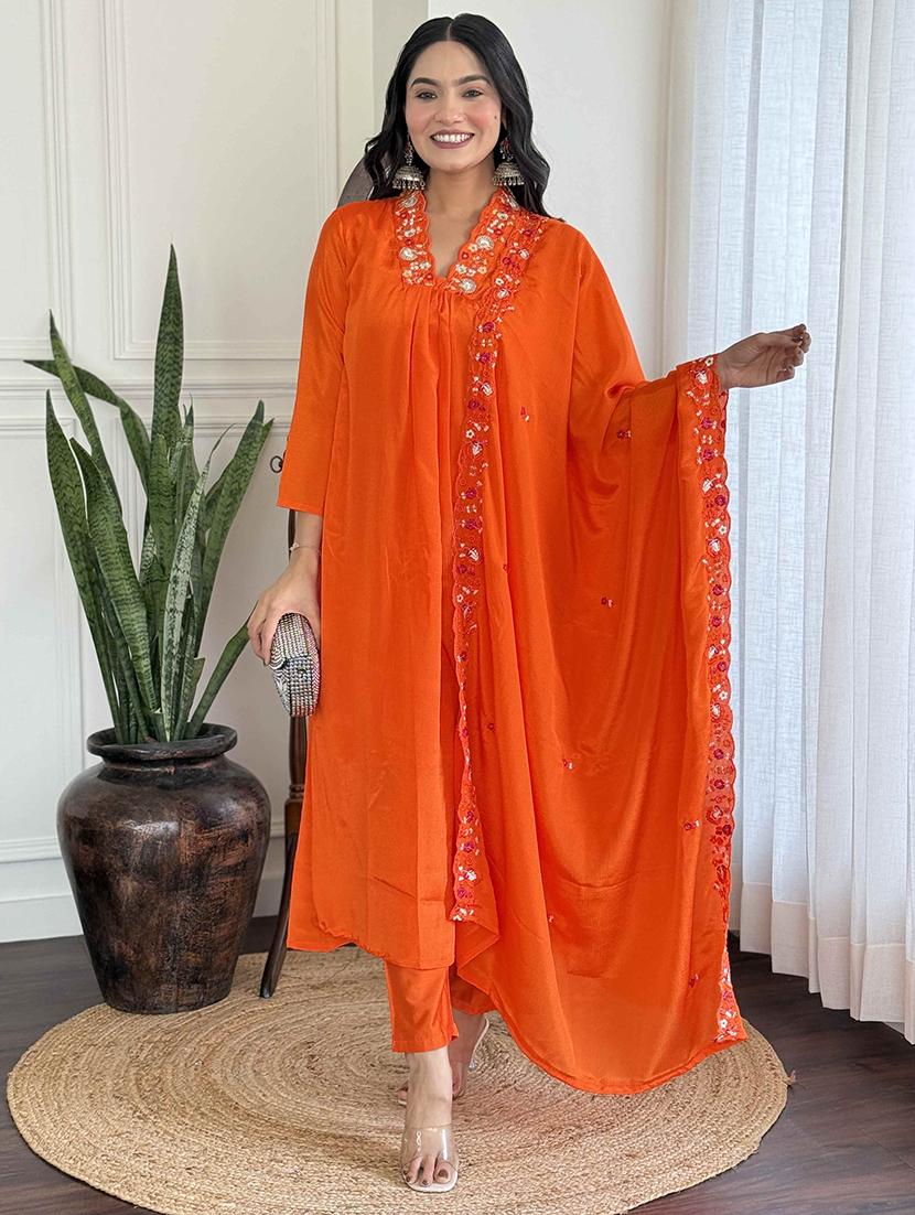women solid with work long sleeve kurta pant with dupatta set - 21989880 - Zoom Image - 0