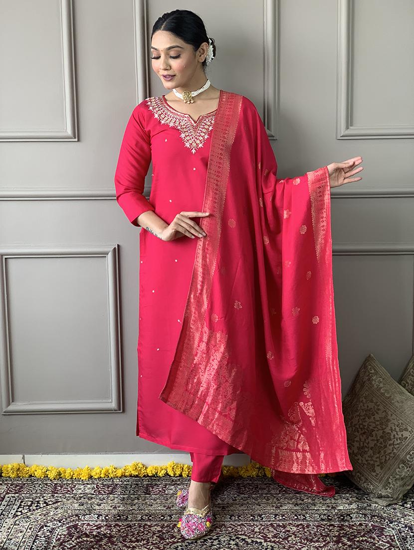 women solid with work three quarter sleeve kurta pant with dupatta set