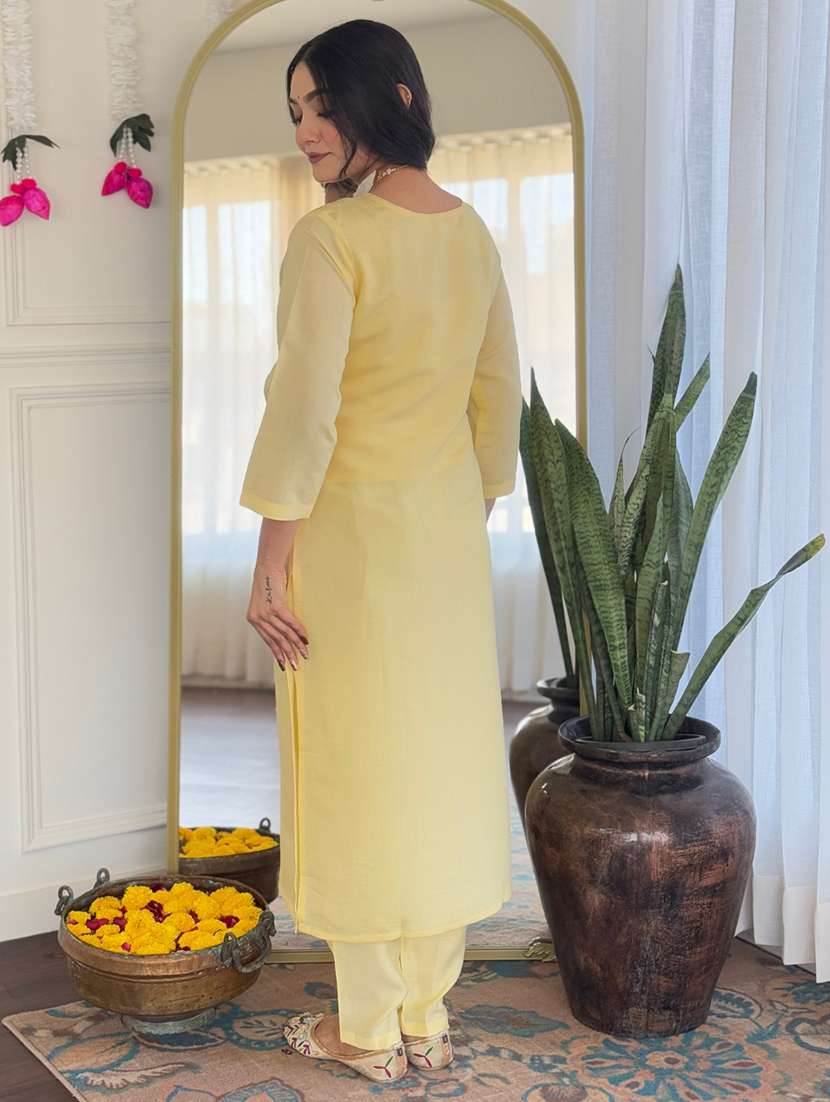 women solid with work three quarter sleeve kurta pant with dupatta set - 21989889 - Standard Image - 3