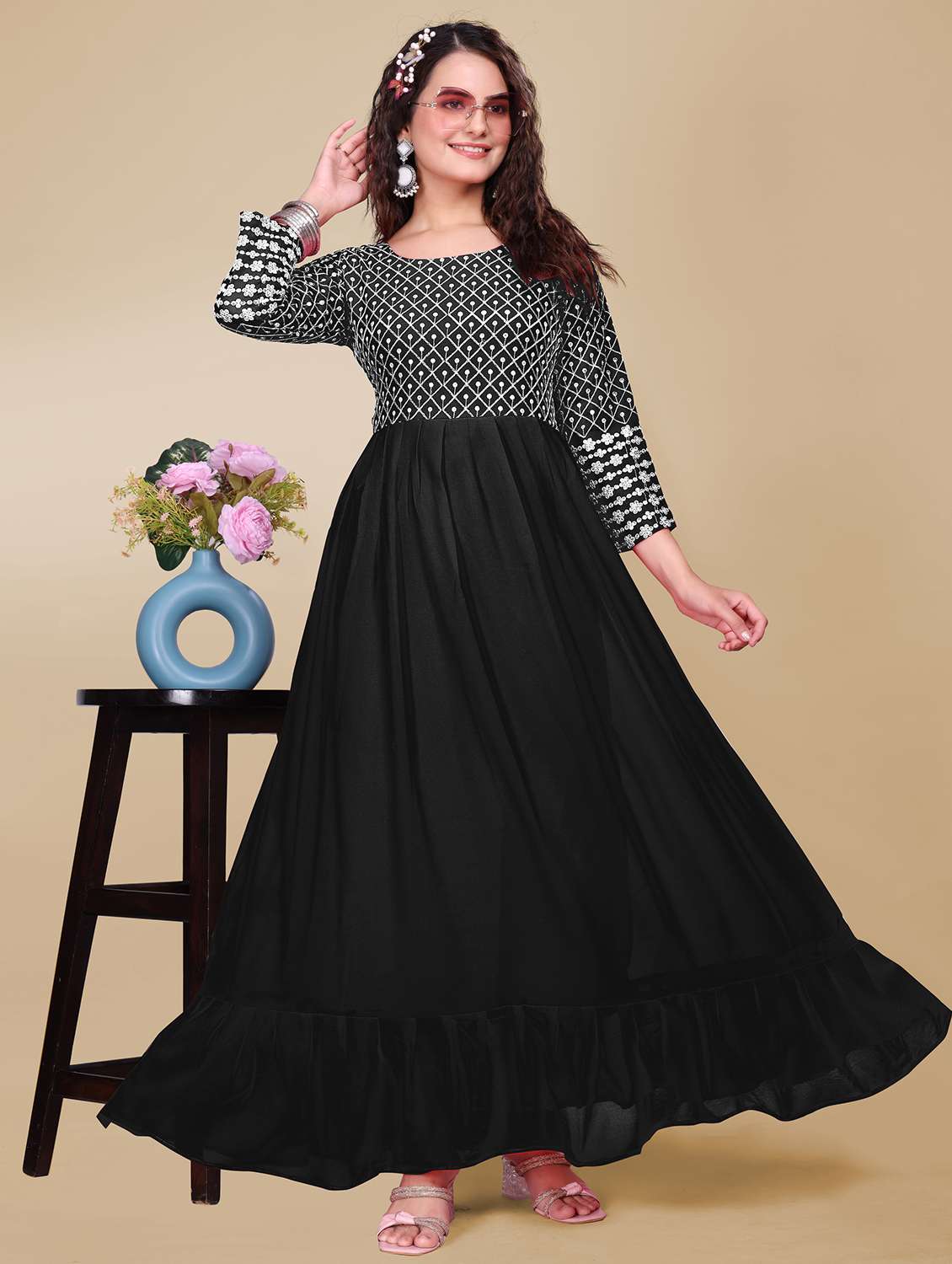 women solid with work fit & flare stitched gown - 21990759 -  Zoom Image - 0