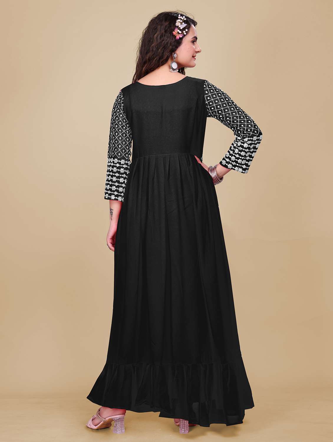 women solid with work fit & flare stitched gown - 21990759 -  Standard Image - 3