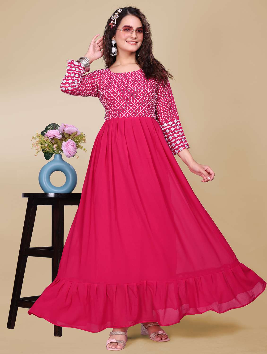 women solid with work fit & flare stitched gown