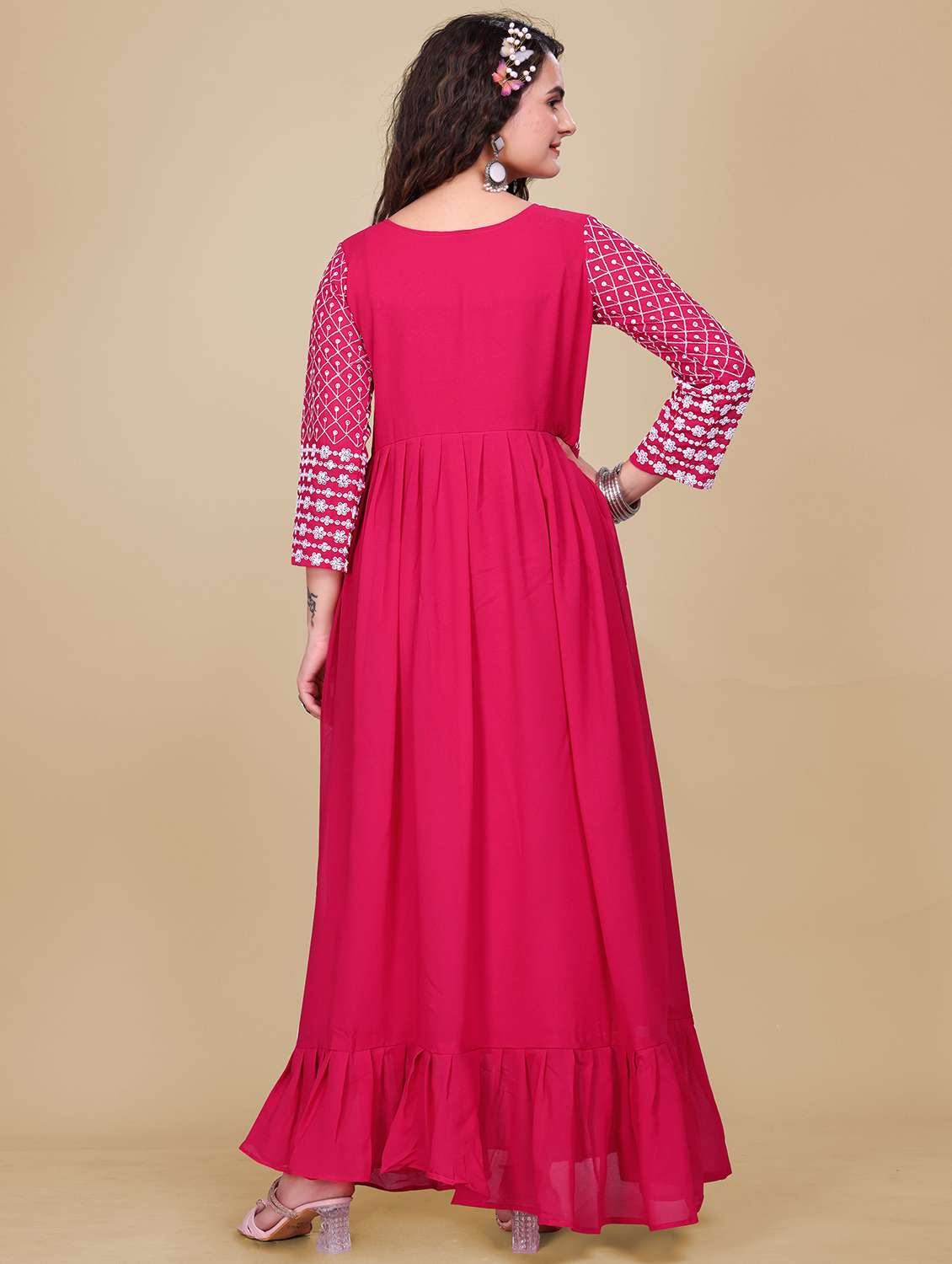 women solid with work fit & flare stitched gown - 21990760 -  Standard Image - 3