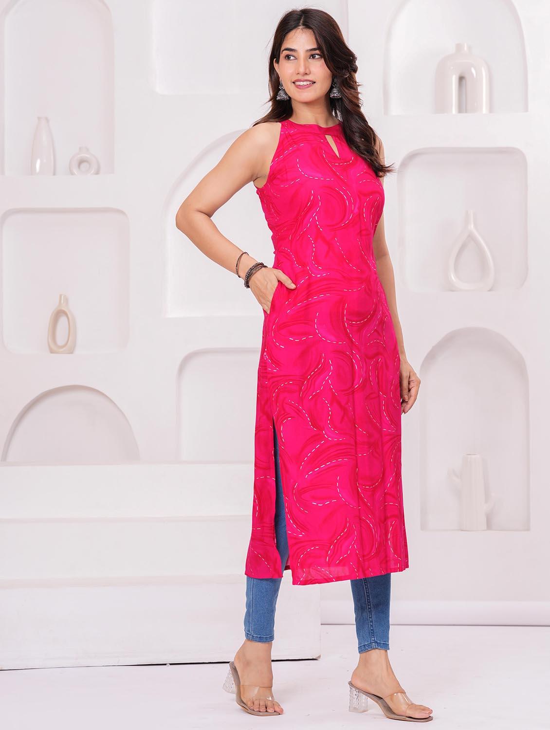 women printed halter neck straight kurta - 21991095 - Standard Image - 3
