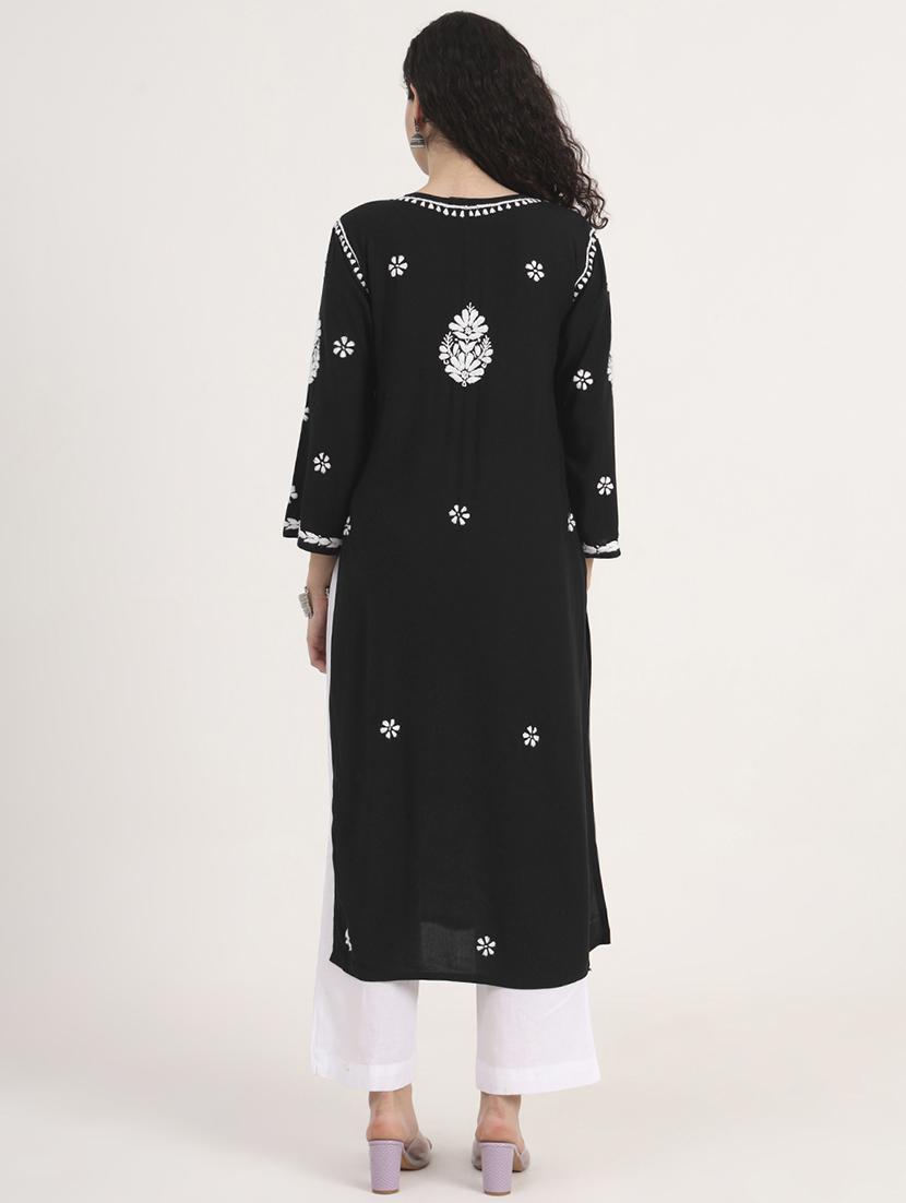 women solid with work long sleeve chikankari kurta - 21991099 - Standard Image - 3