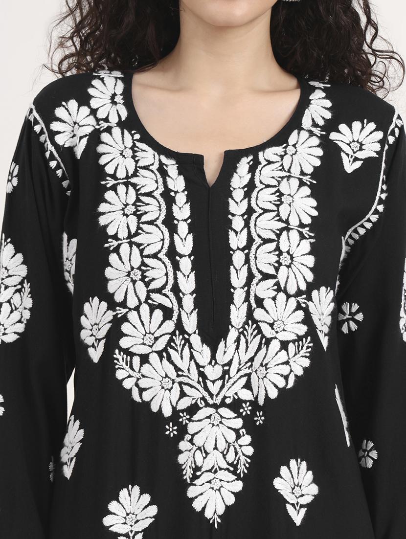 women solid with work long sleeve chikankari kurta - 21991099 - Standard Image - 5
