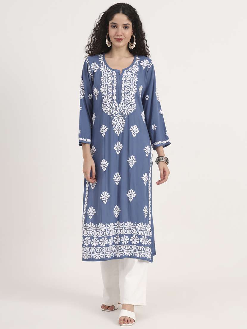 women solid with work long sleeve chikankari kurta - 21991100 -  Zoom Image - 0