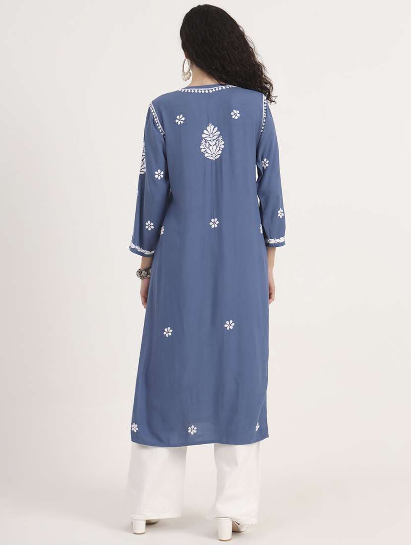 women solid with work long sleeve chikankari kurta - 21991100 - Standard Image - 3