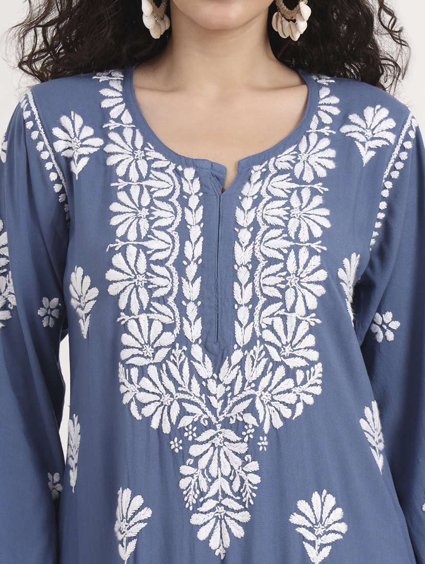 women solid with work long sleeve chikankari kurta - 21991100 - Standard Image - 5