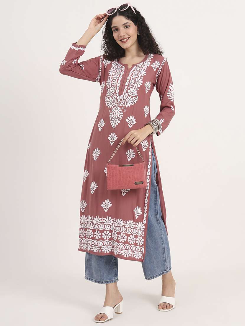 women solid with work long sleeve chikankari kurta