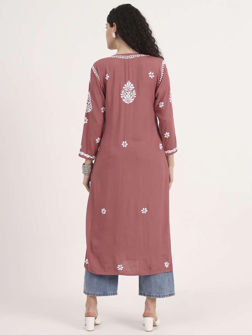 women solid with work long sleeve chikankari kurta - 21991102 - Standard Image - 3