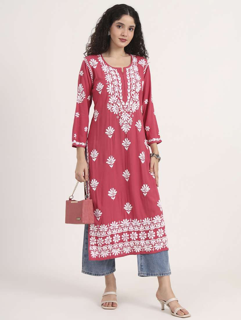 women solid with work long sleeve chikankari kurta - 21991103 - Zoom Image - 0