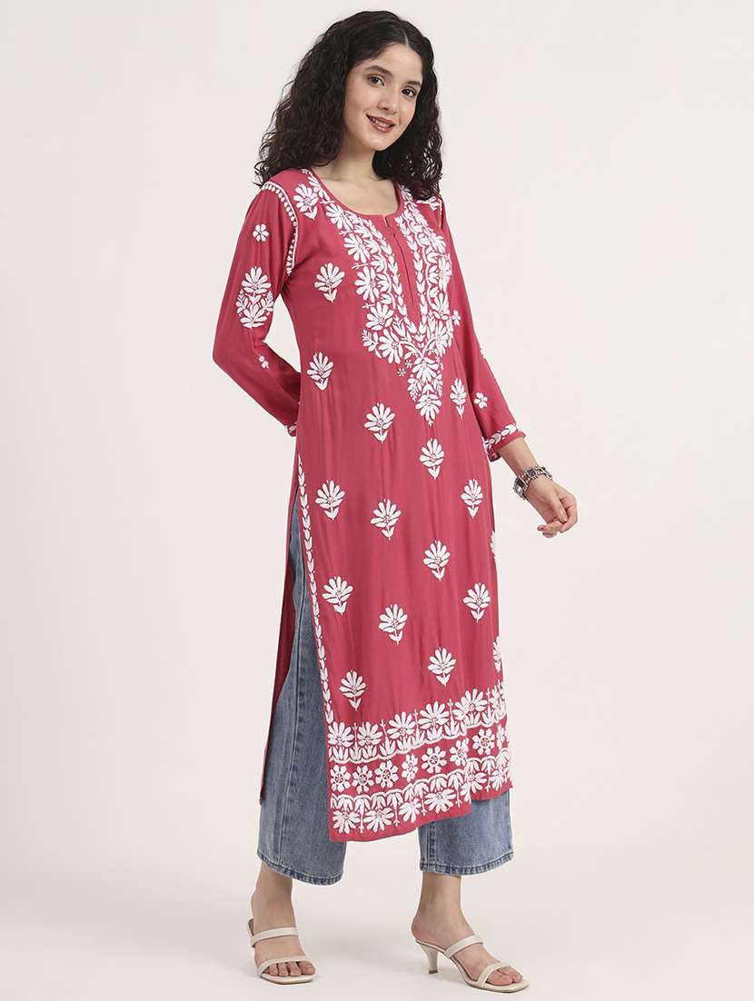 women solid with work long sleeve chikankari kurta - 21991103 - Standard Image - 3