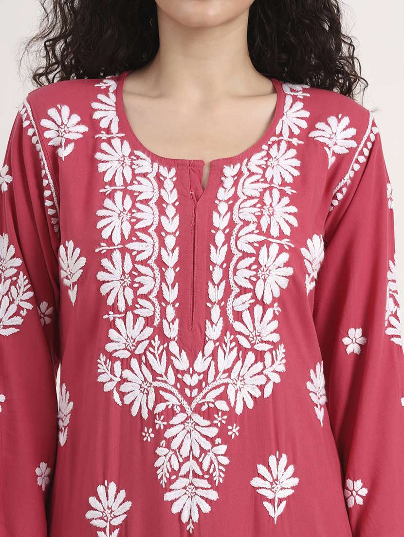 women solid with work long sleeve chikankari kurta - 21991103 - Standard Image - 5