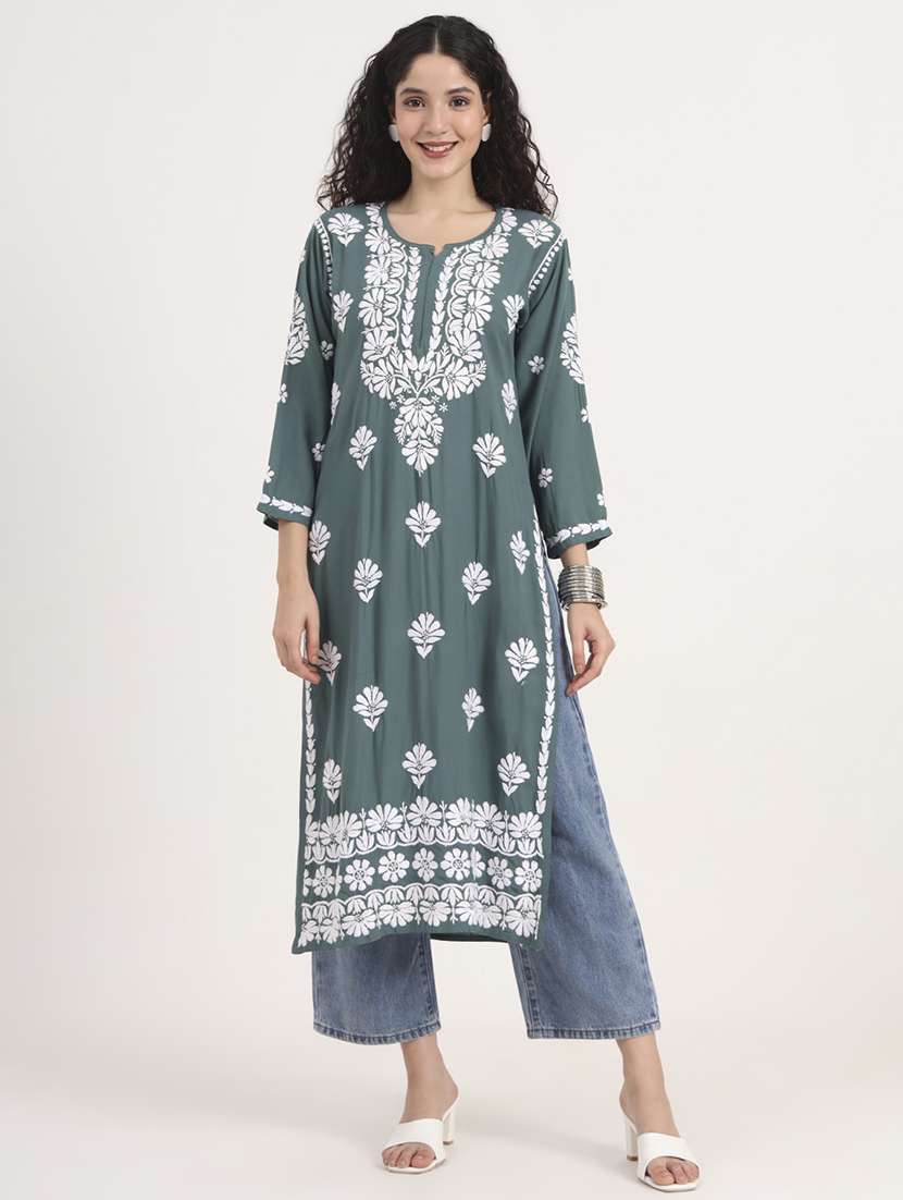 women solid with work long sleeve chikankari kurta - 21991104 - Zoom Image - 0