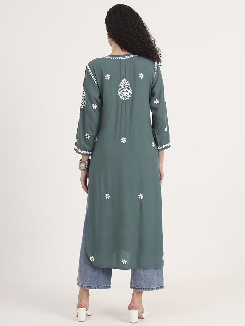women solid with work long sleeve chikankari kurta - 21991104 - Standard Image - 3