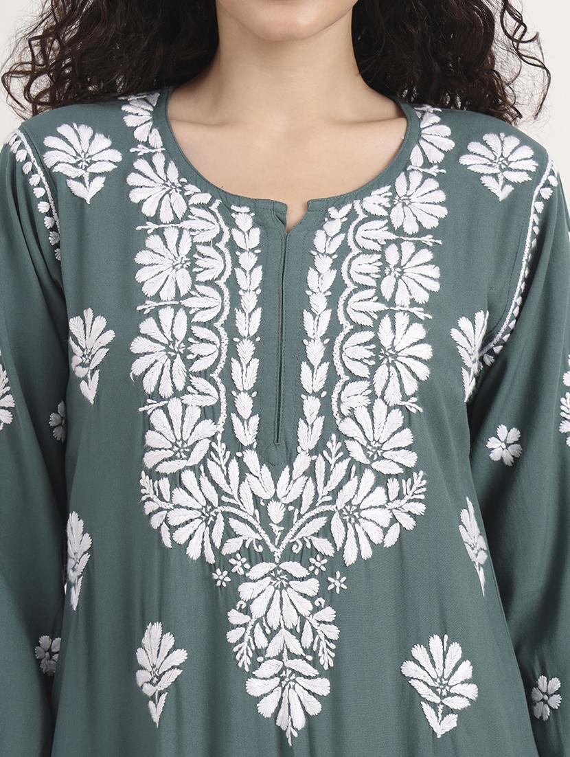 women solid with work long sleeve chikankari kurta - 21991104 - Standard Image - 5