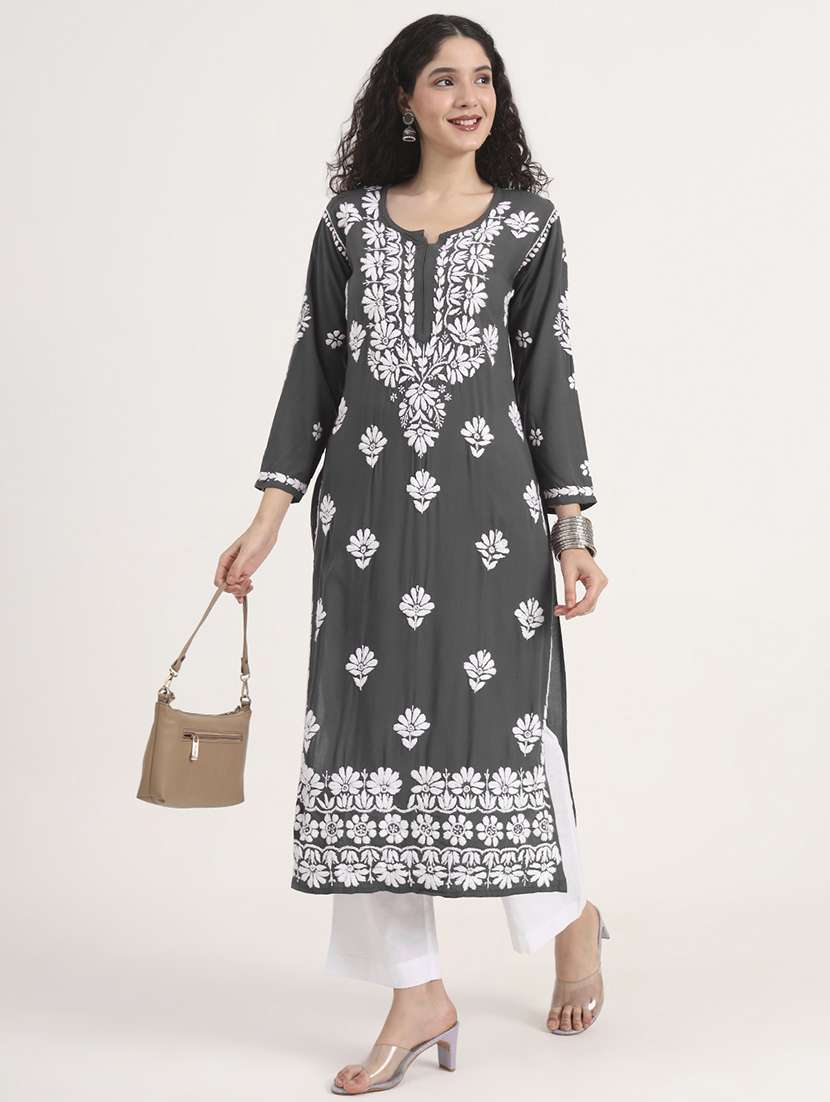 women solid with work long sleeve chikankari kurta