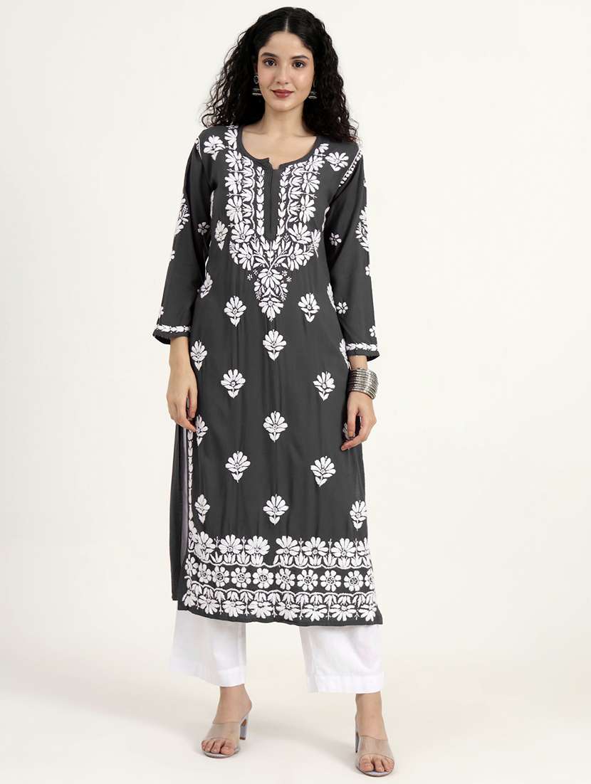 women solid with work long sleeve chikankari kurta - 21991105 -  Standard Image - 3