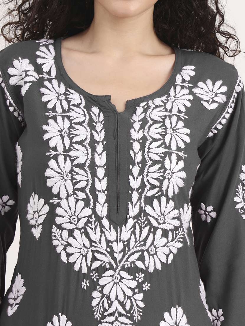 women solid with work long sleeve chikankari kurta - 21991105 -  Standard Image - 5