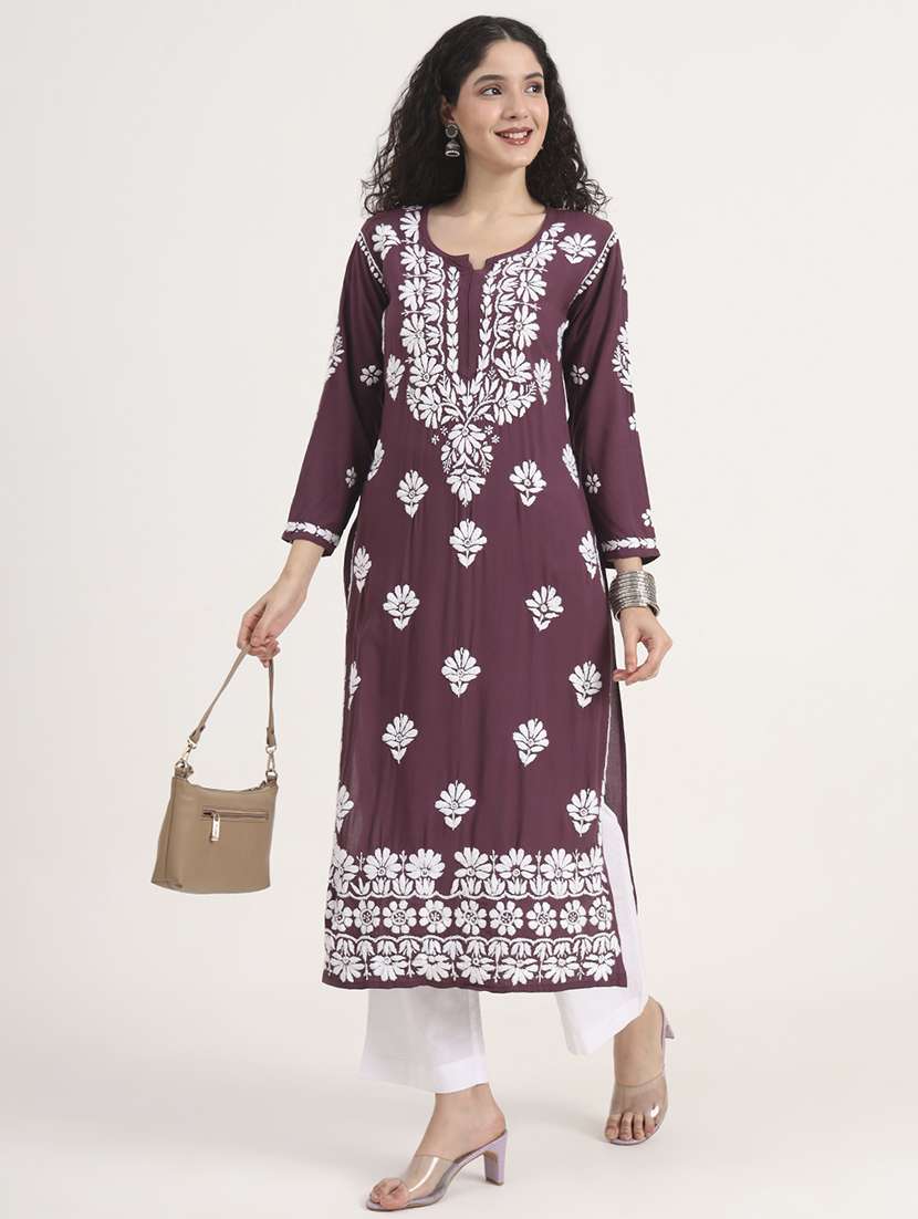 women solid with work long sleeve chikankari kurta