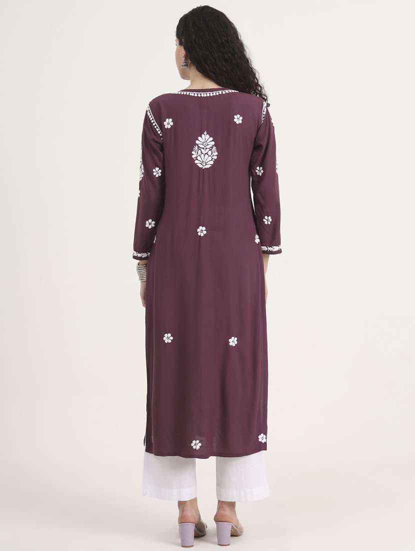 women solid with work long sleeve chikankari kurta - 21991107 -  Standard Image - 3