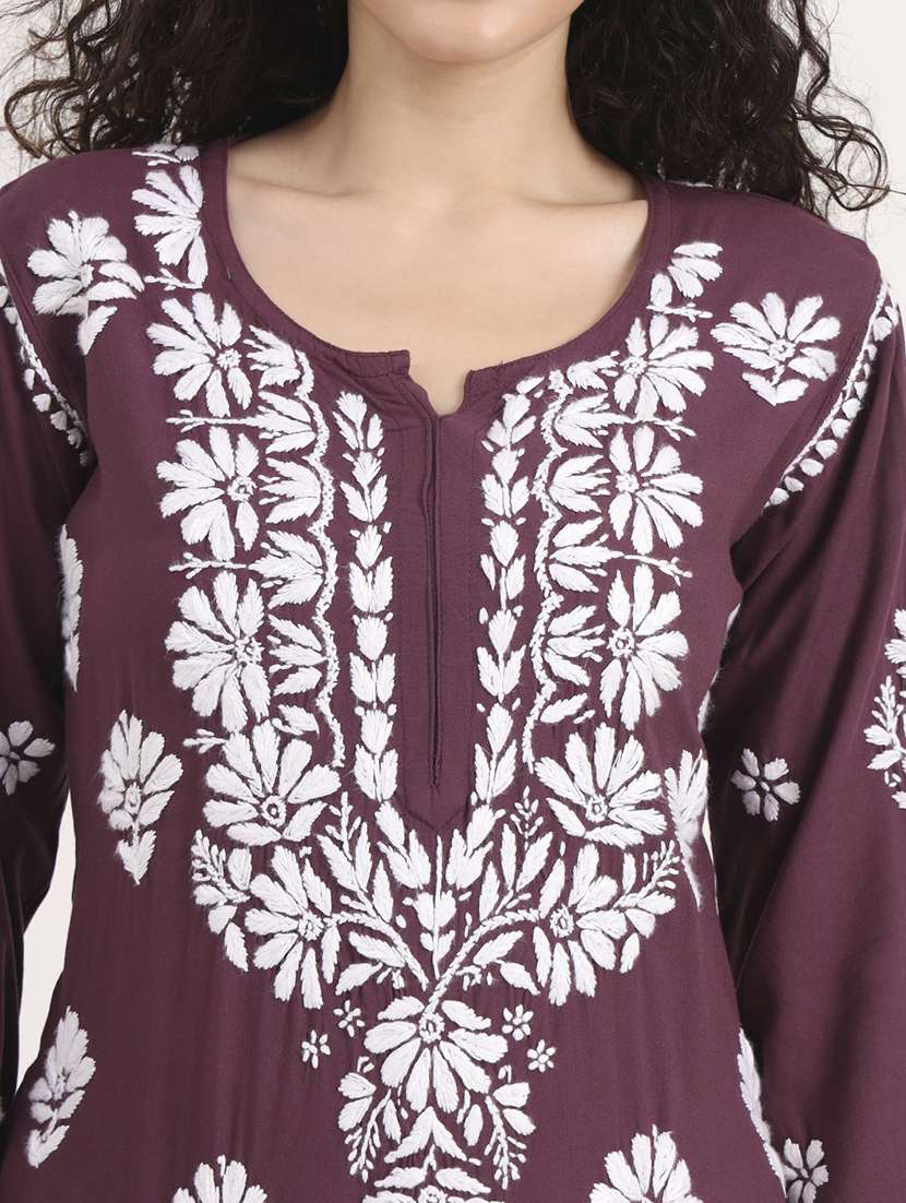 women solid with work long sleeve chikankari kurta - 21991107 -  Standard Image - 5