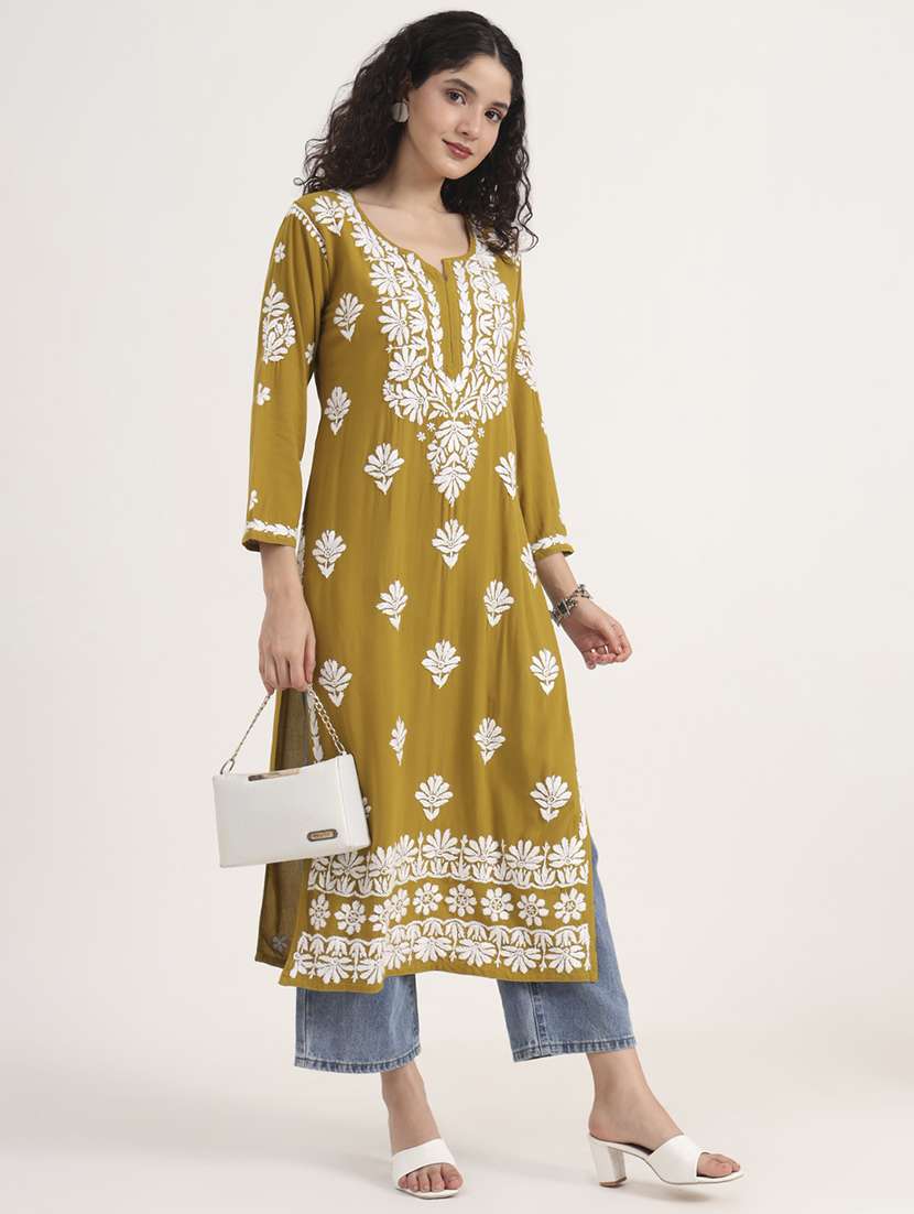women solid with work long sleeve chikankari kurta