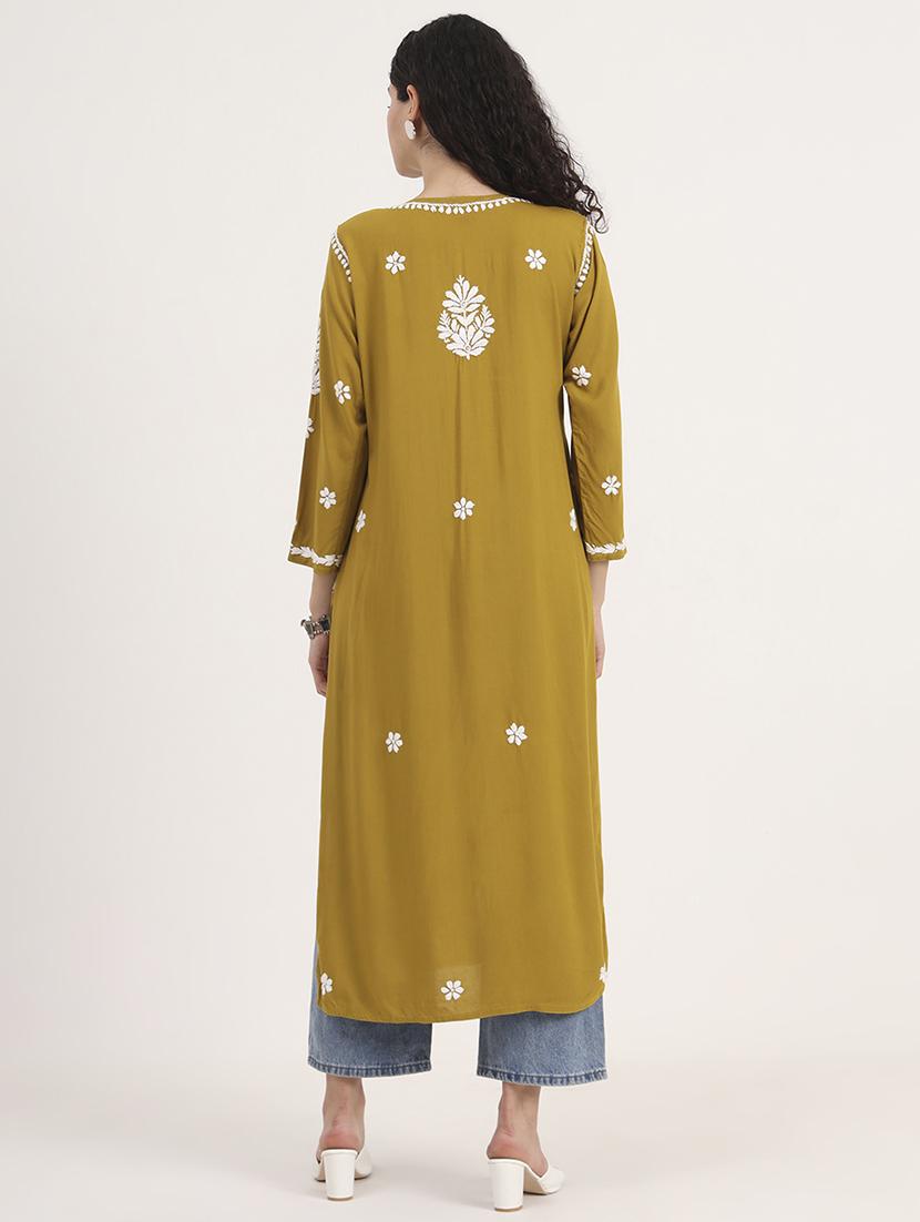 women solid with work long sleeve chikankari kurta - 21991108 - Standard Image - 3