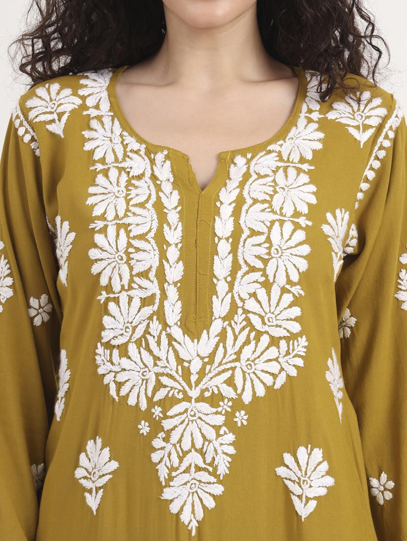 women solid with work long sleeve chikankari kurta - 21991108 - Standard Image - 5