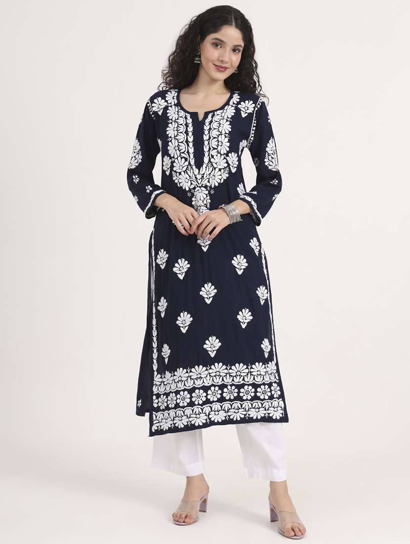 women solid with work long sleeve chikankari kurta - 21991109 - Zoom Image - 0