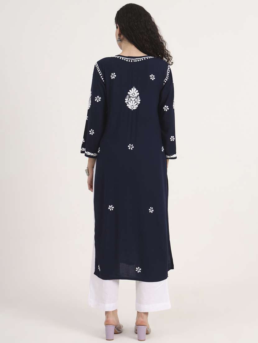 women solid with work long sleeve chikankari kurta - 21991109 - Standard Image - 3