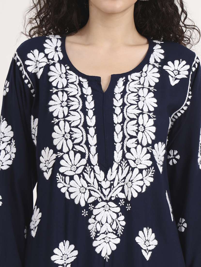 women solid with work long sleeve chikankari kurta - 21991109 - Standard Image - 5