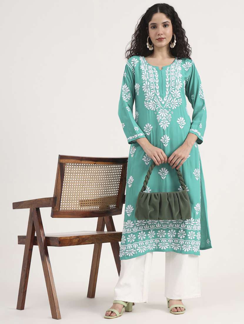 women solid with work long sleeve chikankari kurta - 21991110 - Zoom Image - 0