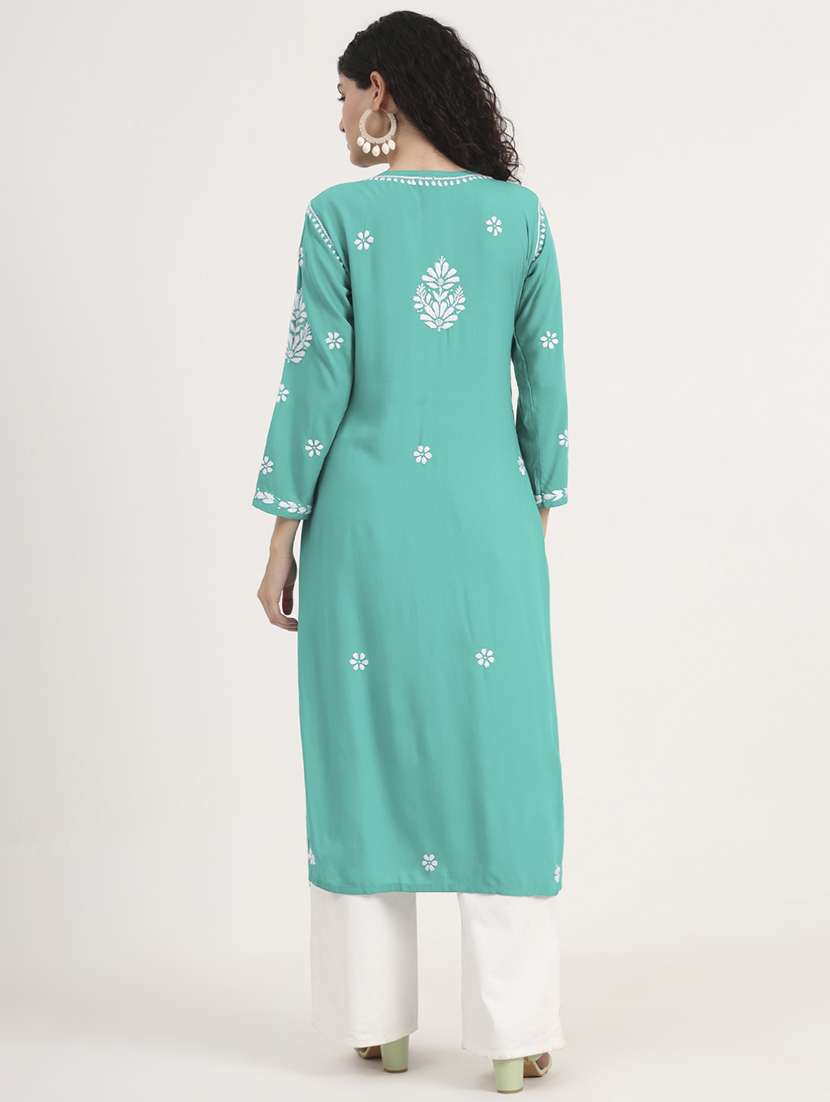women solid with work long sleeve chikankari kurta - 21991110 - Standard Image - 3