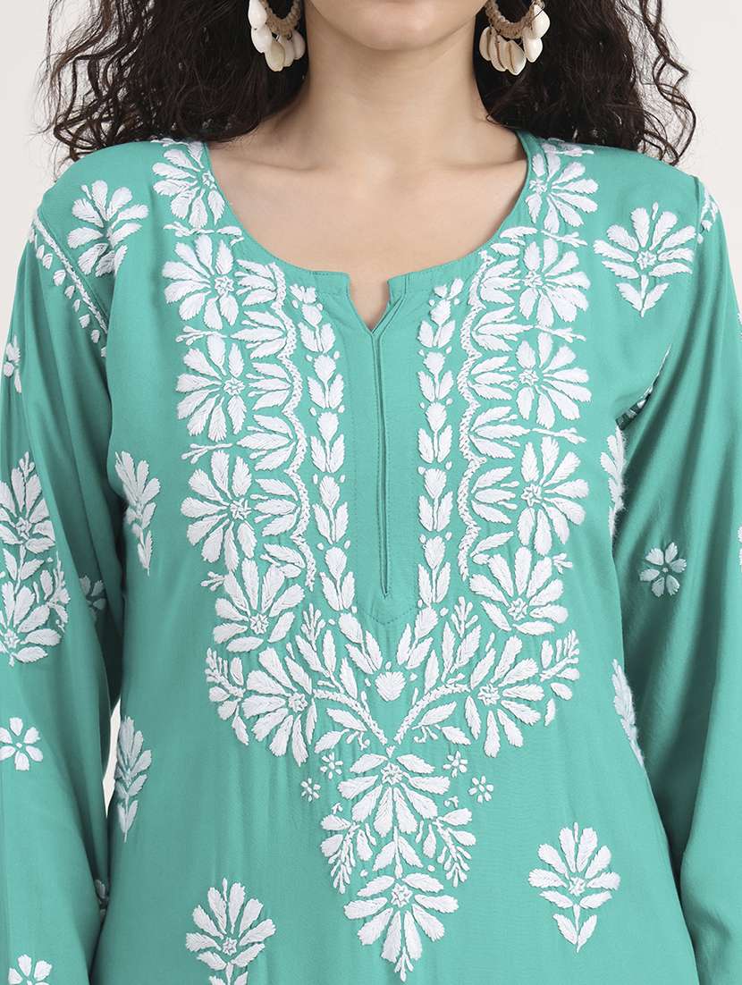 women solid with work long sleeve chikankari kurta - 21991110 - Standard Image - 5