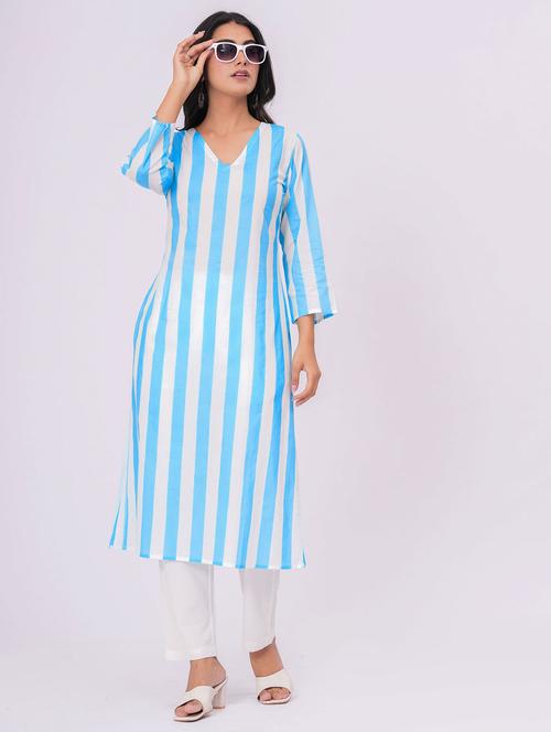 women striped three quarter sleeve straight kurta - 21991193 - Standard Image - 0
