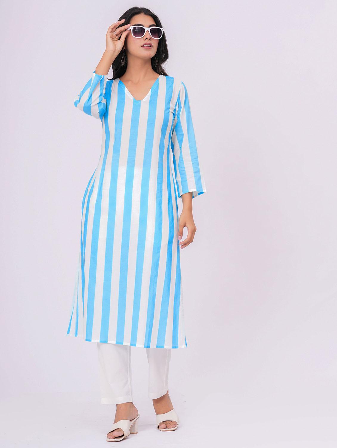 women striped three quarter sleeve straight kurta - 21991193 - Zoom Image - 0