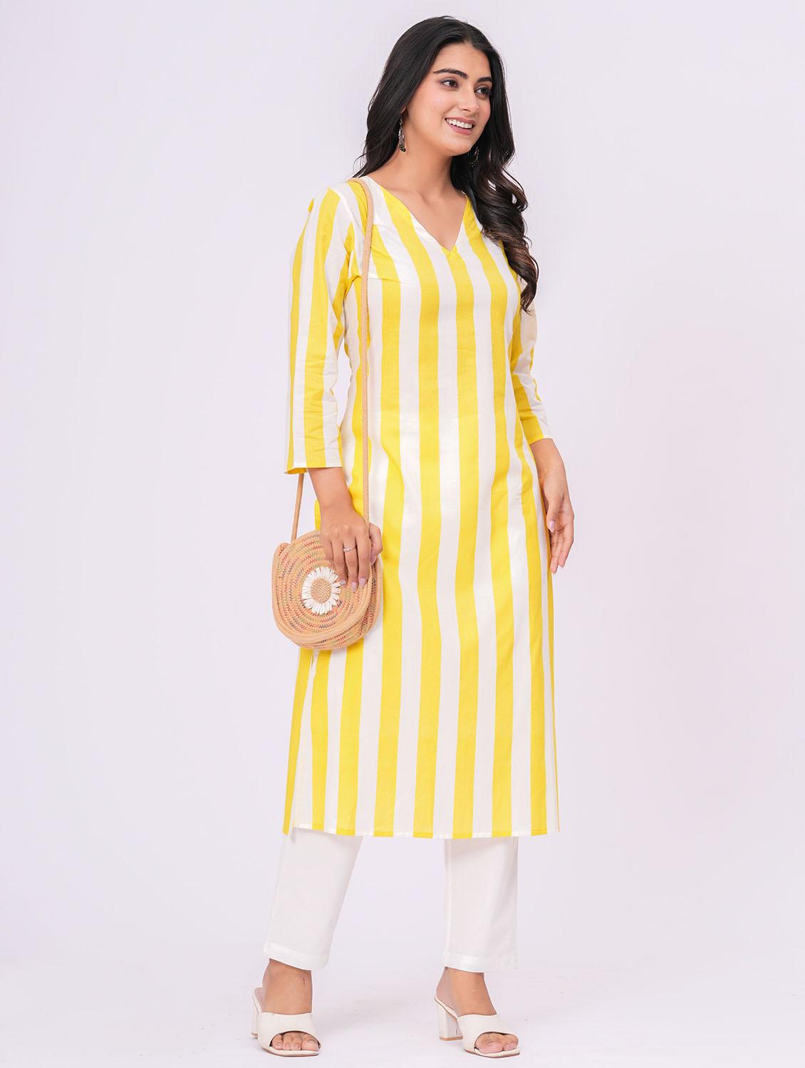 women striped three quarter sleeve straight kurta - 21991194 -  Zoom Image - 0
