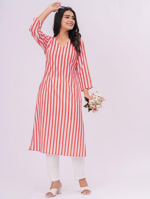 women striped three quarter sleeve a-line kurta - 21991195 -  Standard Image - 0