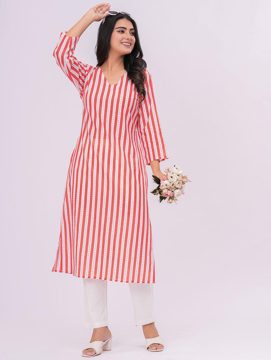 women striped three quarter sleeve a-line kurta - 21991195 -  Zoom Image - 0