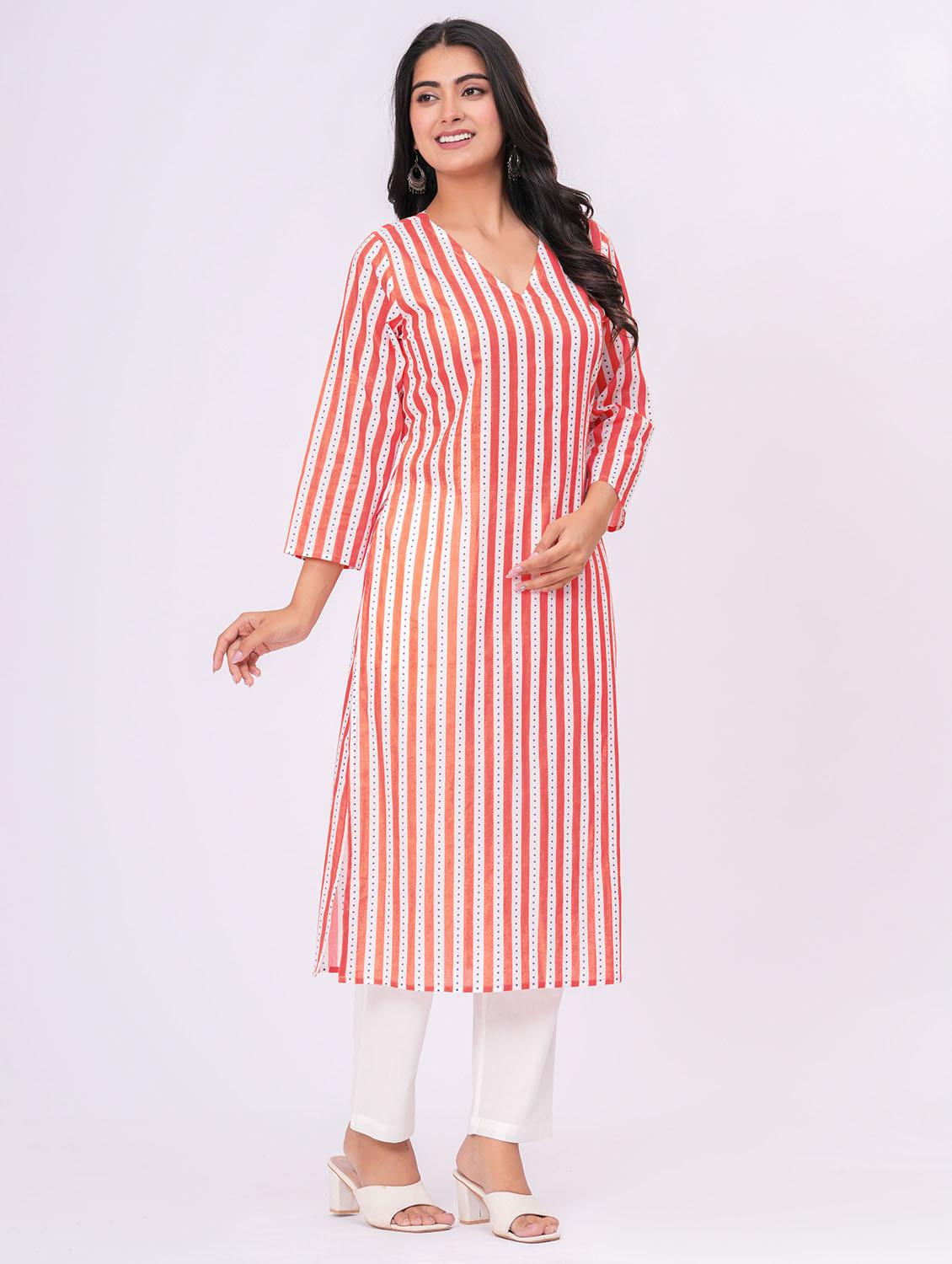 women striped three quarter sleeve a-line kurta - 21991195 - Standard Image - 3