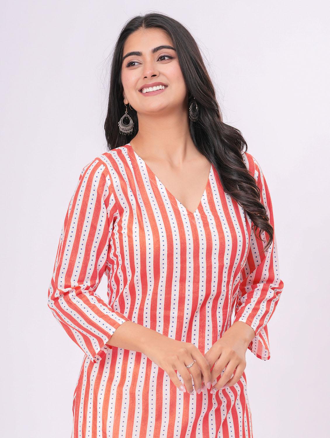 women striped three quarter sleeve a-line kurta - 21991195 - Standard Image - 5