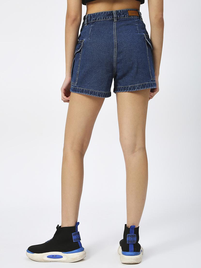 women solid high rise denim cargo short - 21991216 - Standard Image - 3