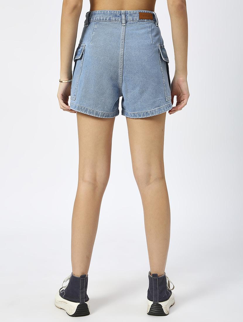 women solid high rise denim cargo short - 21991217 - Standard Image - 3