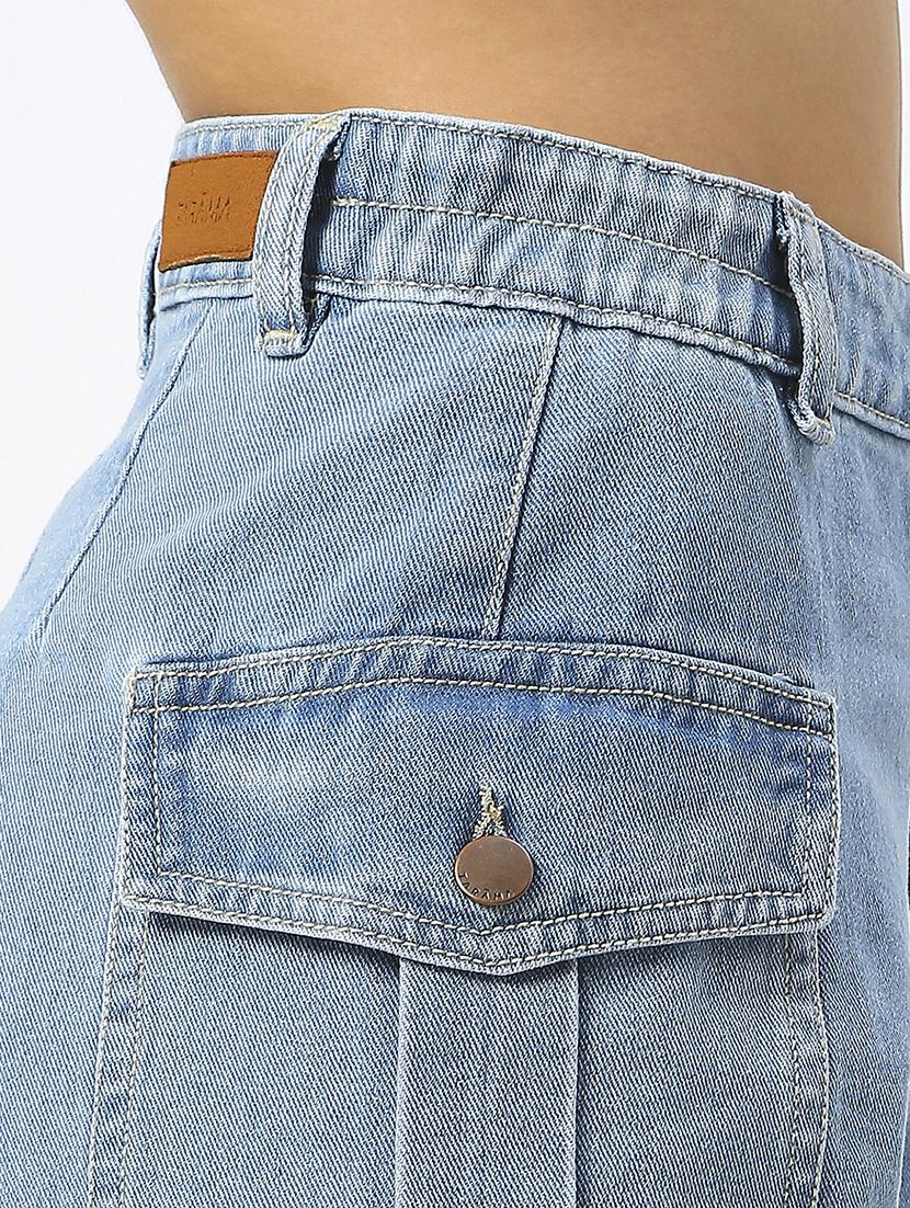 women solid high rise denim cargo short - 21991217 - Standard Image - 5